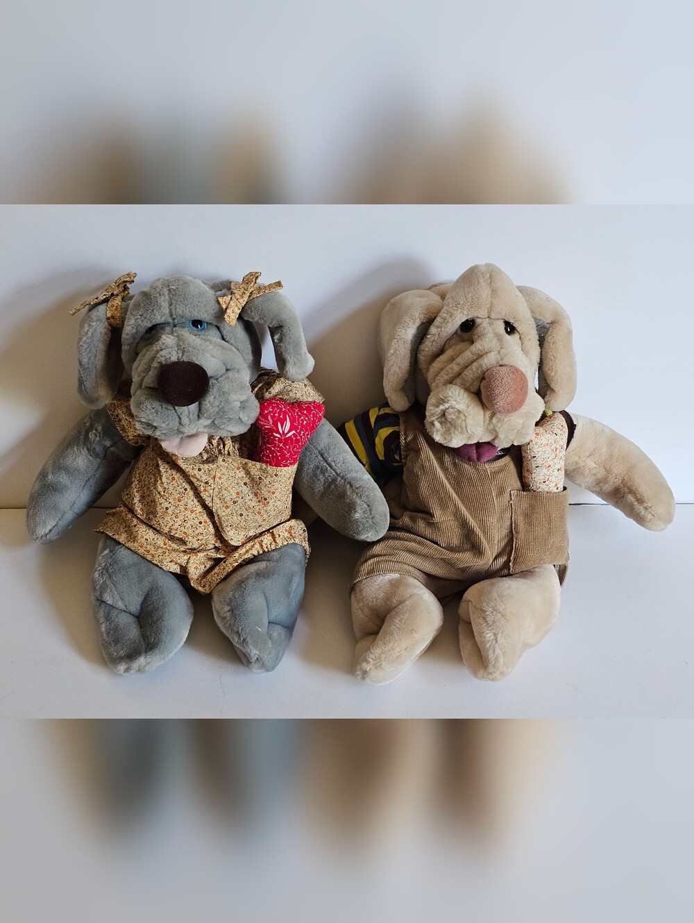 Vintage Wrinkles Dog Plush Hand Puppet Set of 2 Tan Dress & Overalls w/ Bones